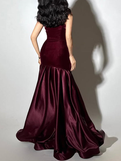 tiffany Irregular splicing strapless maxi dress  - burgundy