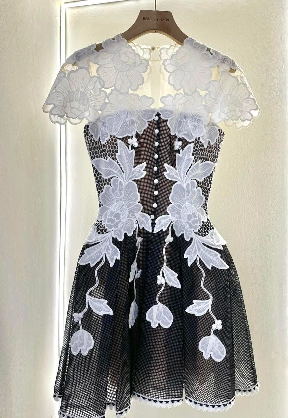 black-white lace flower embellished mini dress