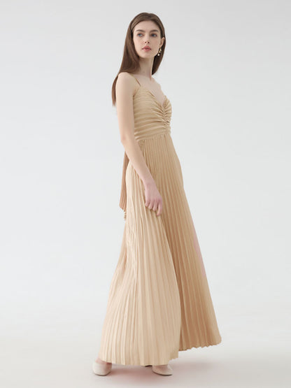 deborah pleated slip maxi dress in apricot