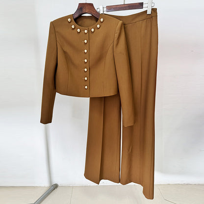 miranda pale brown button-decorated short jacket two-piece set