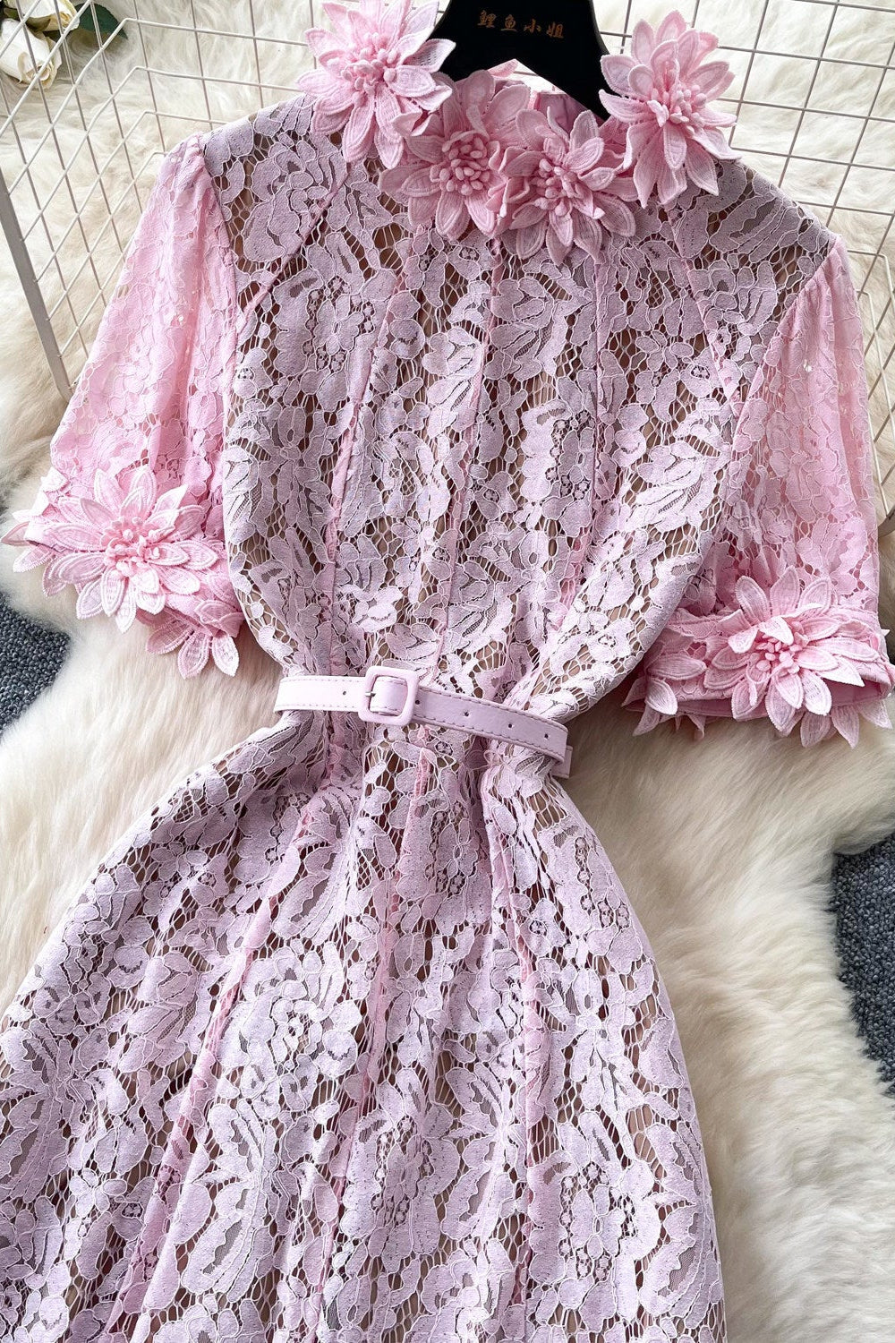 Pink Floral Lace A-Line Midi Dress