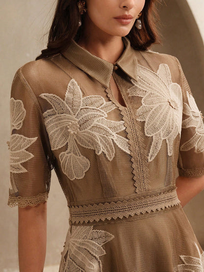 Taupe Fine Mesh Tulle A-Line Midi Dress with Floral Applique