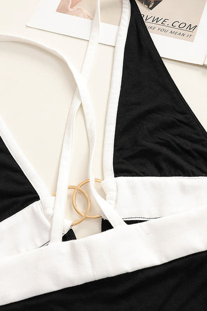 Black & White Halter Top with High-Waisted Wide-Leg Pants