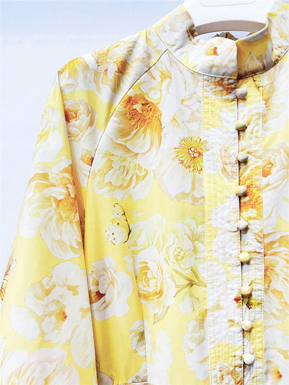 xaviera Long Sleeve Floral Printed Chiffon Maxi Dress in yellow