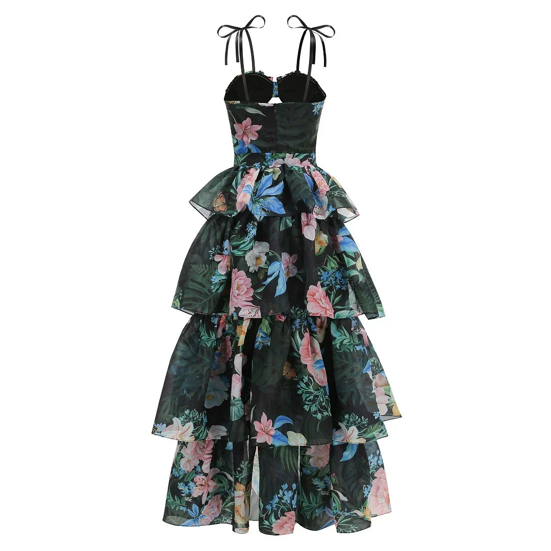Tropical Floral Cutout High Low Tiered Maxi Dress