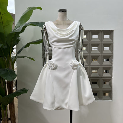 3d flower Pleated Sleeveless Mini Dress