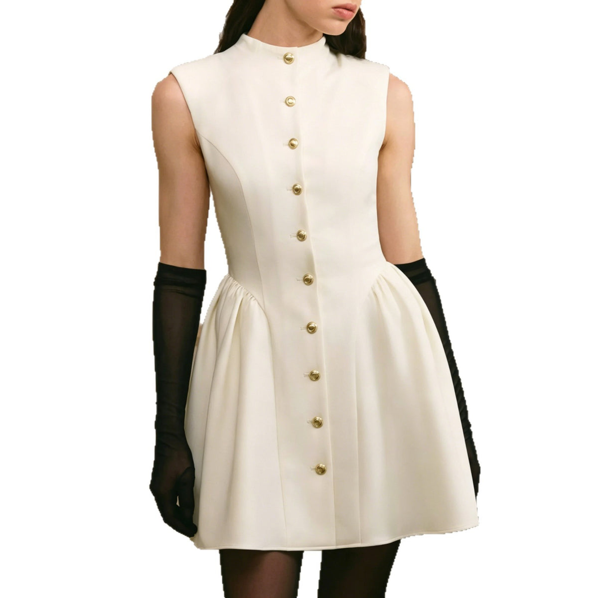 Stand Collar Gold Button Sleeveless Mini Dress