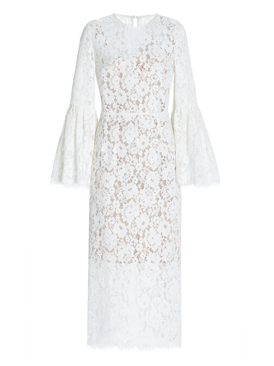 white lace hollow midi dress
