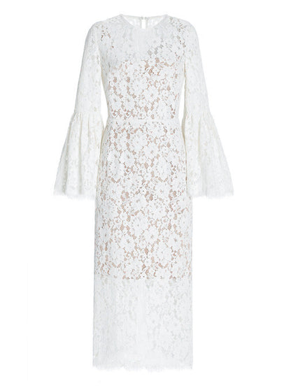 white lace hollow midi dress