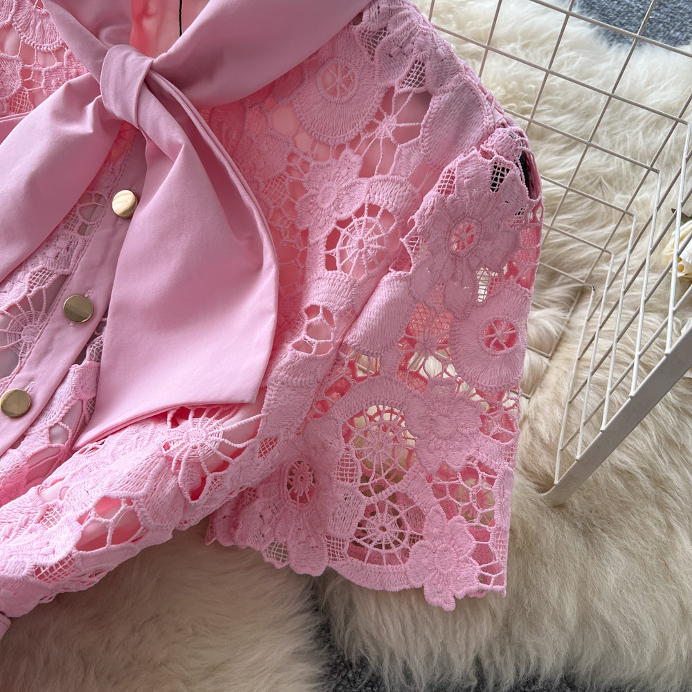 Light Pink Floral Lace A-Line Midi Dress