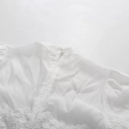 White Mandarin Collar Puff Sleeve Tiered Lace Midi Dress with Waist Sash