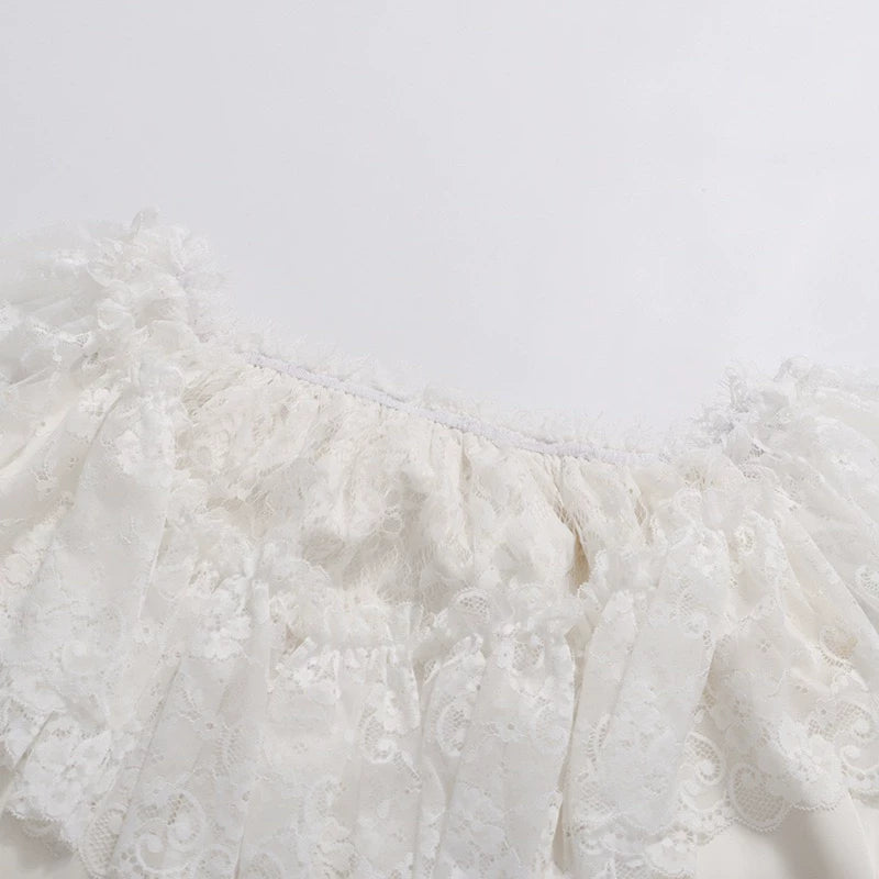 Off Shoulder Ruffled Lace Satin Bow Two Piece Short Set