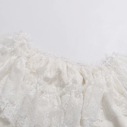 Off Shoulder Ruffled Lace Satin Bow Two Piece Short Set
