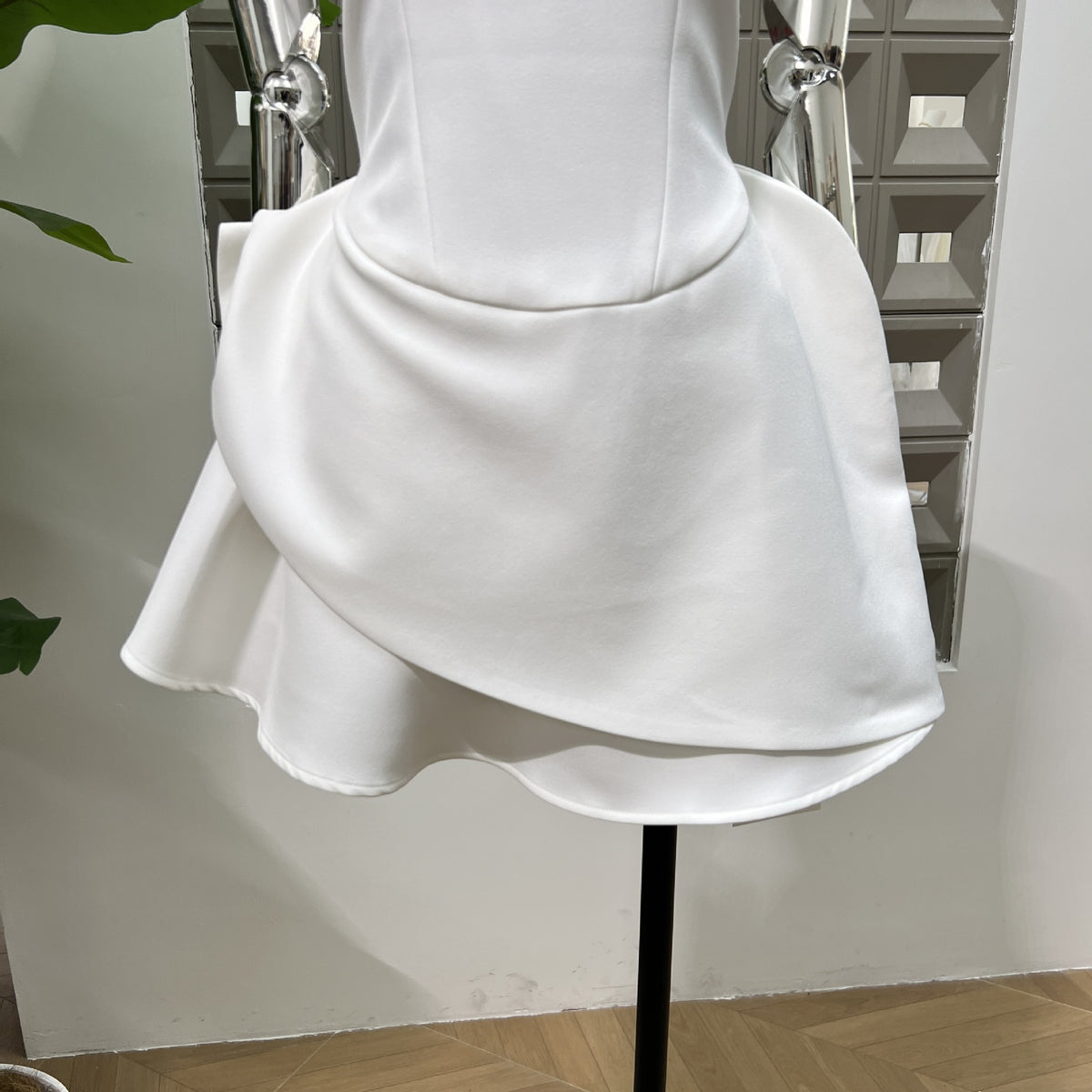 jean Round Neck Diamond Sleeveless Mini Dress in white