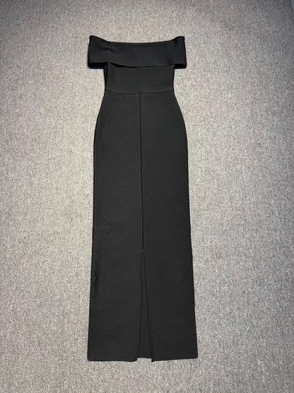 laurel Off-shoulder rhinestone bandage maxi dress in black