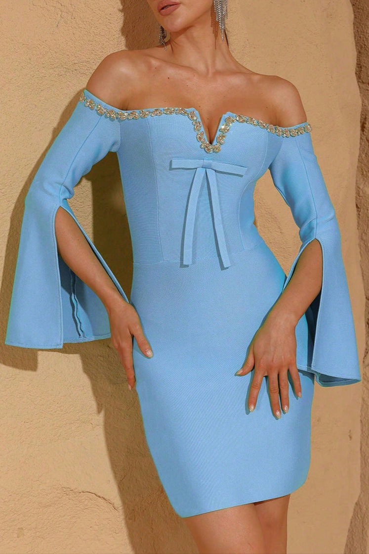 cara Off-shoulder long-sleeve diamond bodycon mini dress in blue