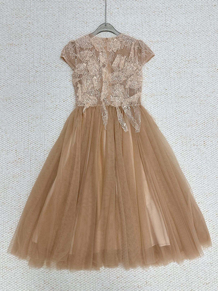 elvira Sequin lace crochet patchwork mesh maxi dress in brown