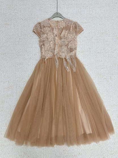 elvira Sequin lace crochet patchwork mesh maxi dress in brown