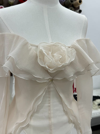 apricot One-shoulder tube top with backless ruffled mesh skirt set