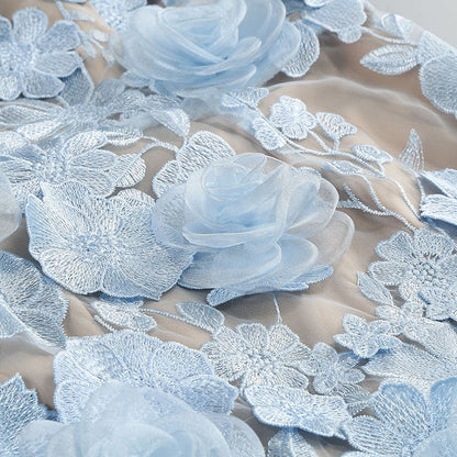 Light Blue Embroidered 3D Floral Strapless Mini Dress