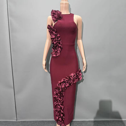 joanna ruffled-appliqué bodycon gown Claret
