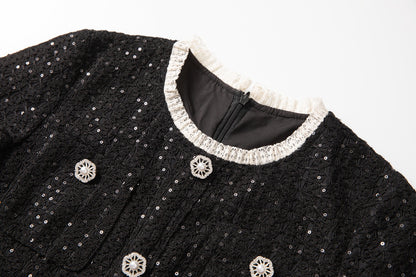 Round Neck Short Sleeves sequin Maxi Dress in black