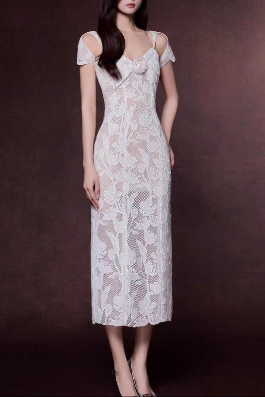 White Floral Lace Cold-Shoulder Midi Dress with 3D Rose