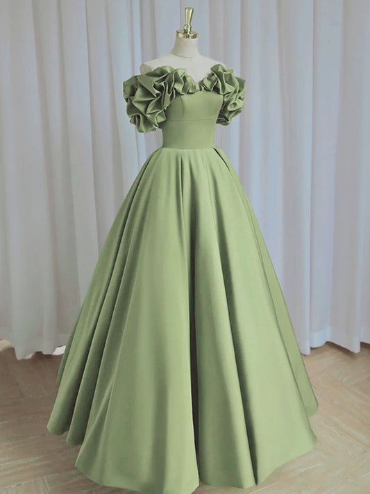 A-Line off Shoulder Satin Green Dress