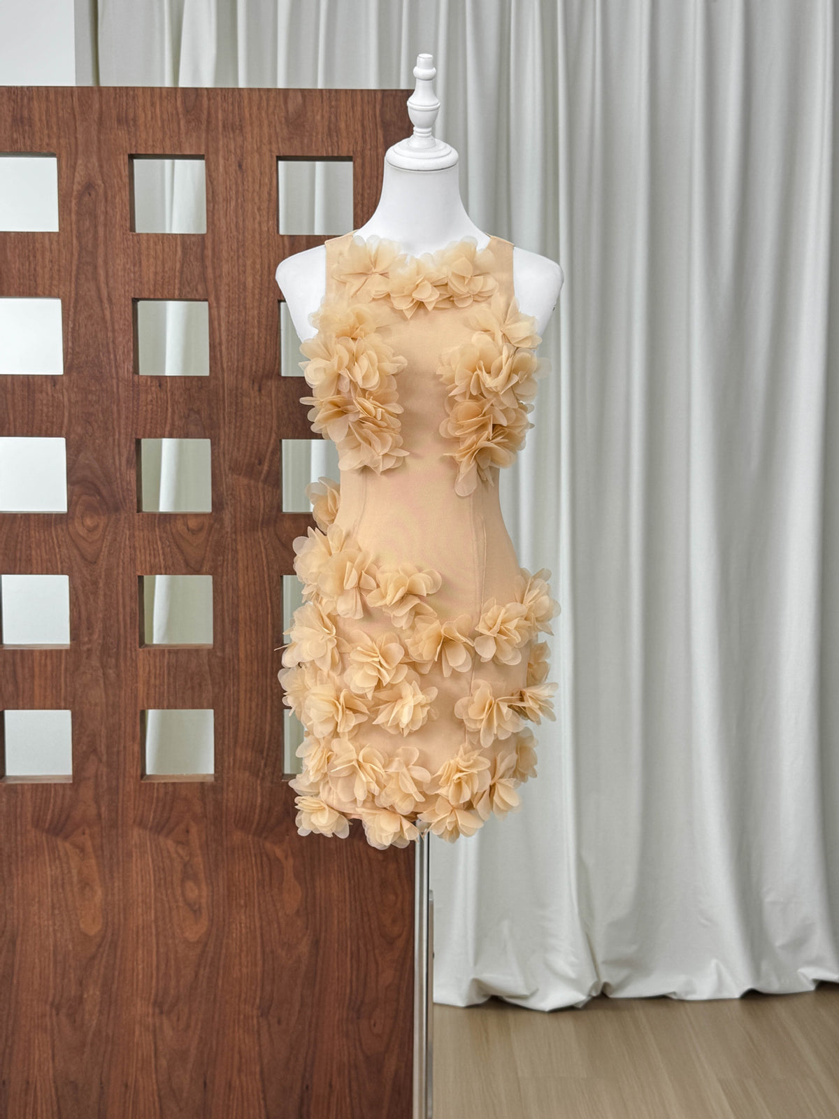 Beige Sheer Mesh Bodycon Mini Dress with 3D Floral Petals