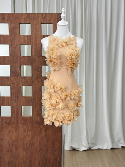 Beige Sheer Mesh Bodycon Mini Dress with 3D Floral Petals