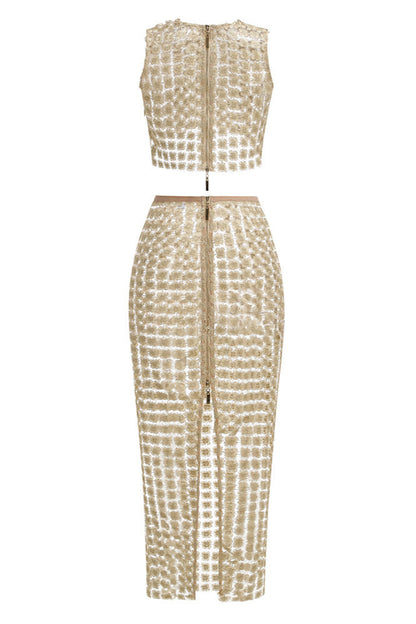 apricot Sheer plaid fishtail maxi skirt two piece of set