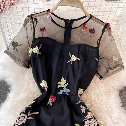 Black Floral Embroidery A-Line Midi Dress with Sheer Mesh Overlay