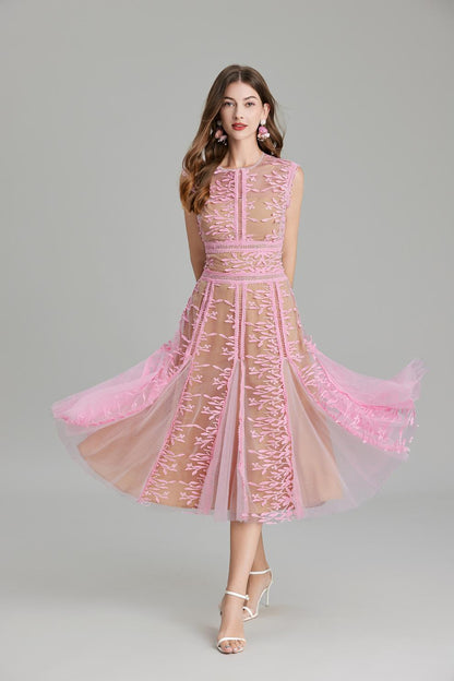 phoenix 3d Embroidered lace mesh midi dress in pink
