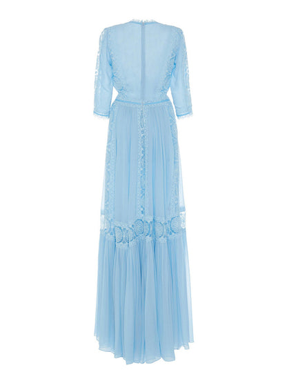 blue V-neck lace spliced maxi dress
