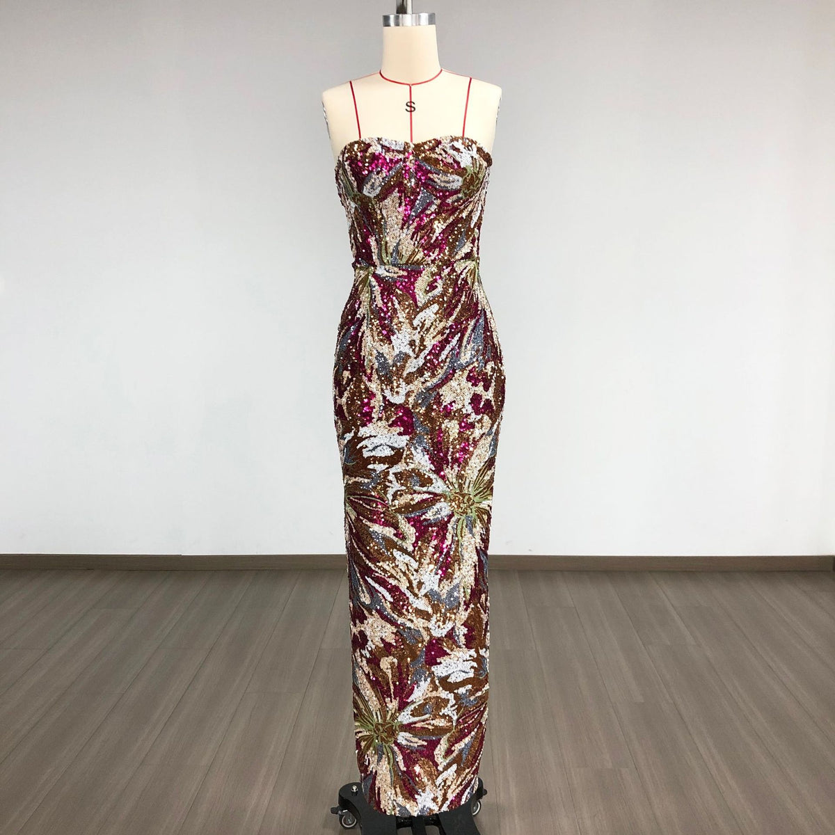vivien fireworks pattern sequin embroidery strapless maxi dress