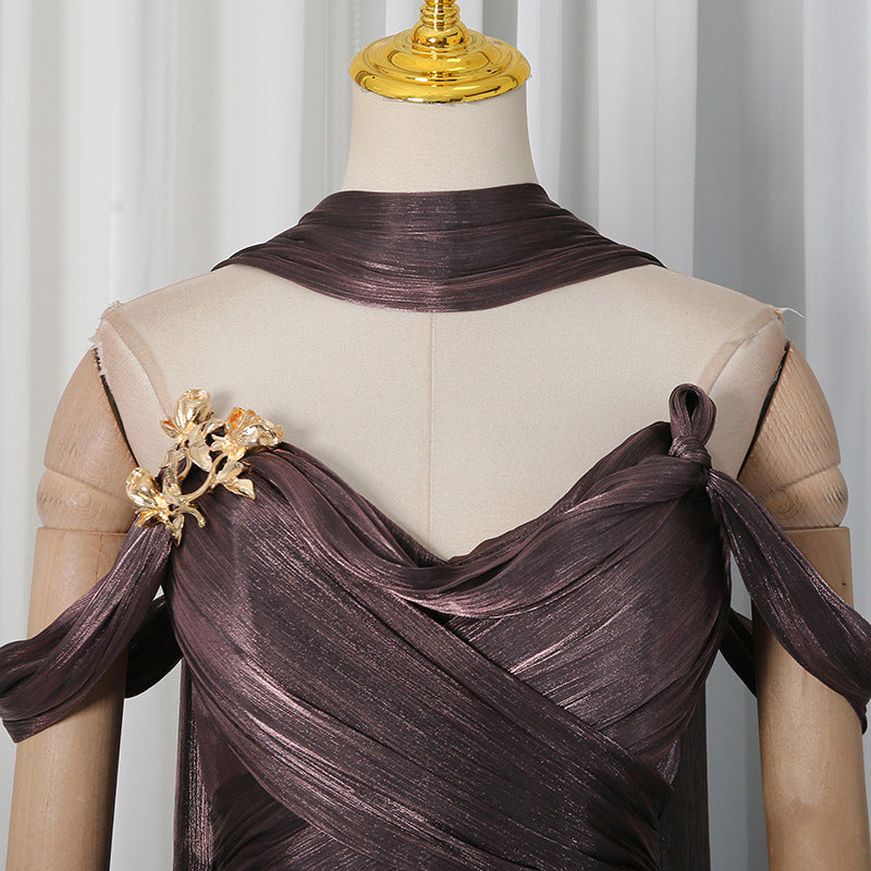 Bronze Metallic Draped A-Line Evening Gown with High Slit