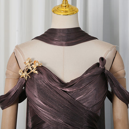 Bronze Metallic Draped A-Line Evening Gown with High Slit