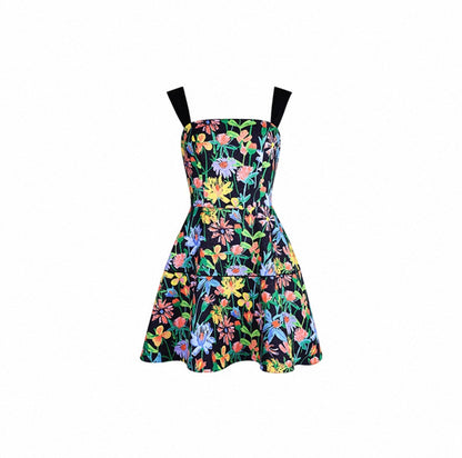 simona Colorful print A Line Strap Satin mini Dress