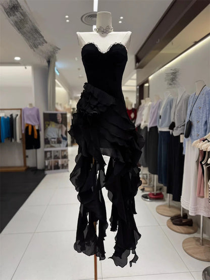sabrina Ruffle Crystal strapless midi dress in black