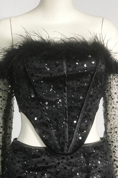 black Off-shoulder top Short mesh skirt Set