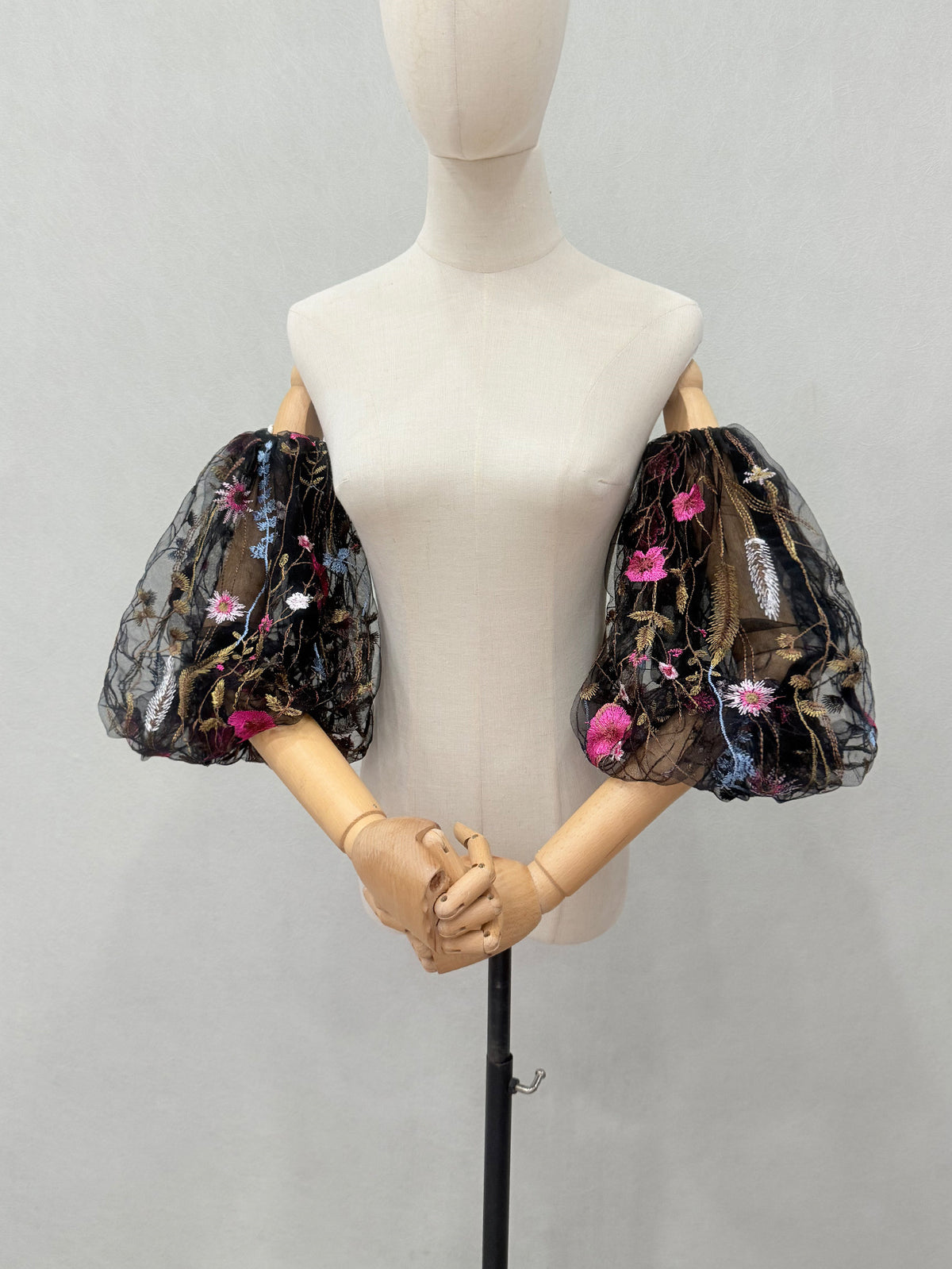 Black Sheer Tulle Multicolor Floral Embroidery Detachable Puff Arm Cuffs