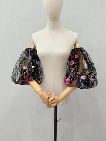 Black Sheer Tulle Multicolor Floral Embroidery Detachable Puff Arm Cuffs