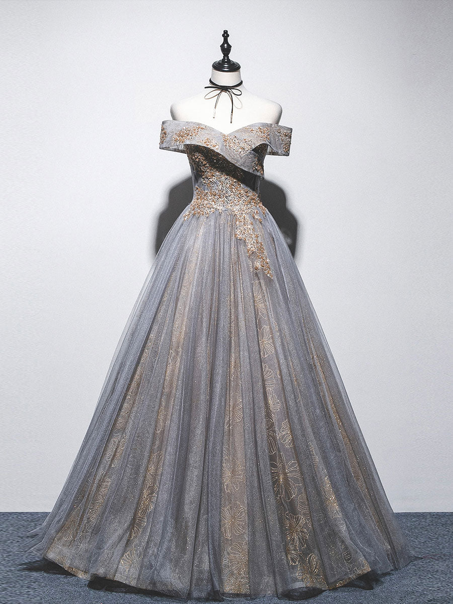 Gray blue tulle off shoulder lace dress