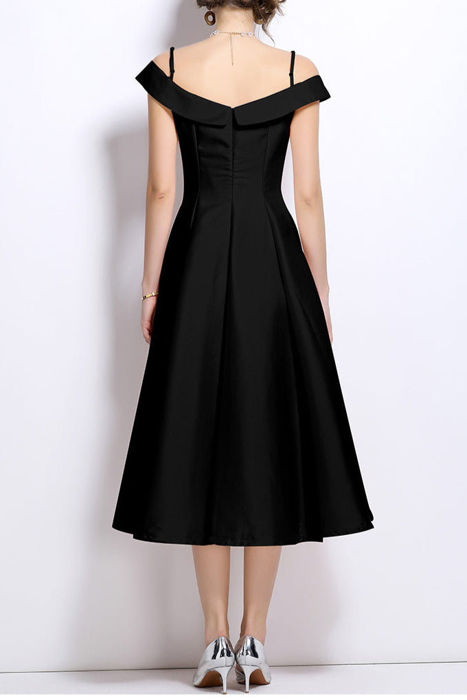 meroy off-shoulder satin pleated midi dress in black