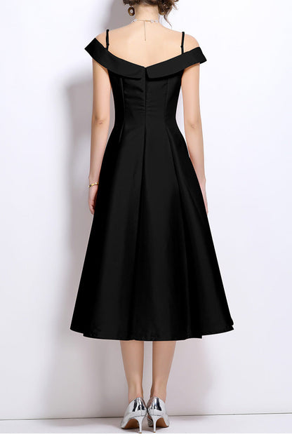 meroy off-shoulder satin pleated midi dress in black