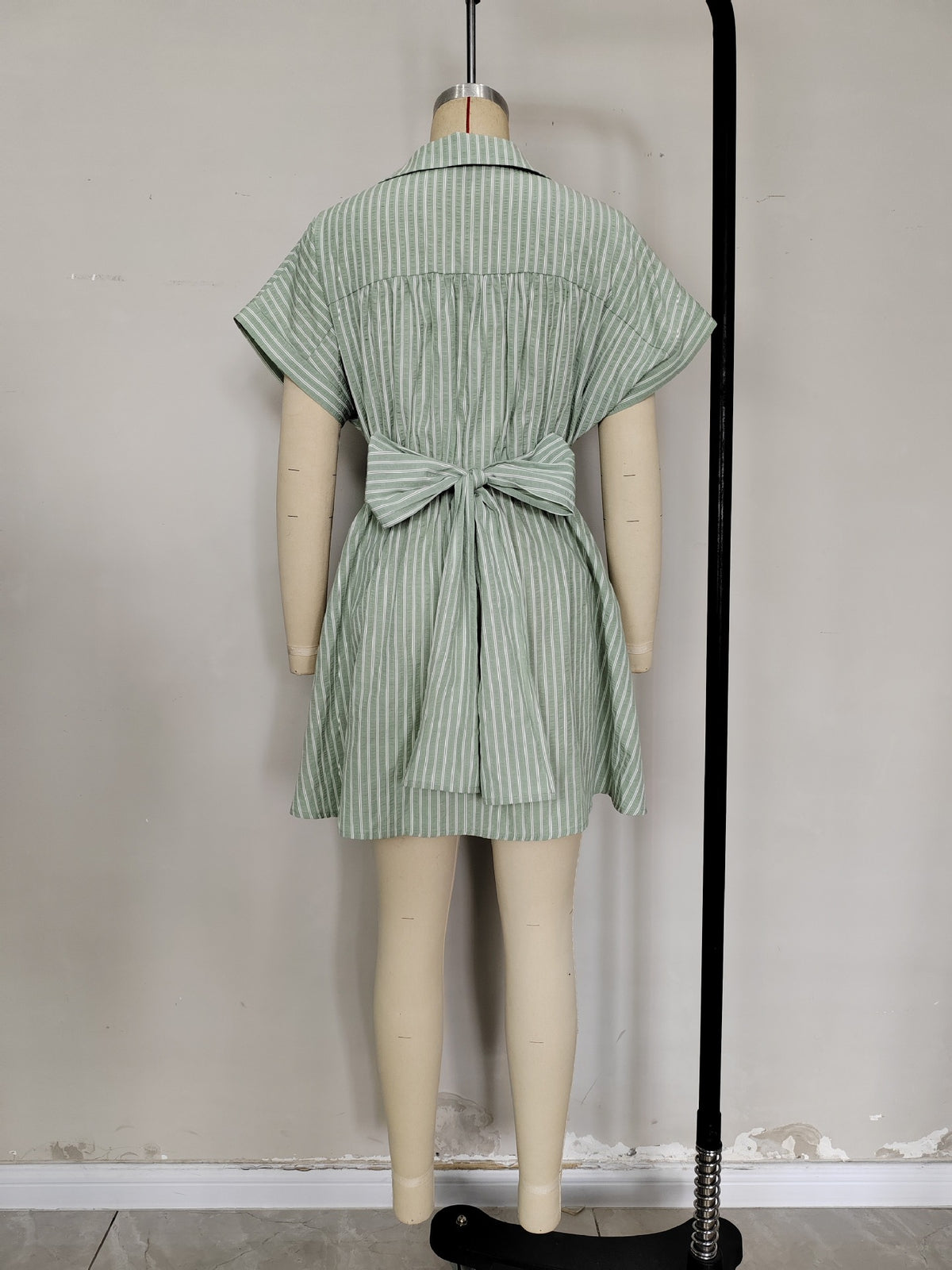 Mint White Stripe Collared Twist Waist Cutout Mini Shirt Dress