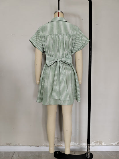 Mint White Stripe Collared Twist Waist Cutout Mini Shirt Dress