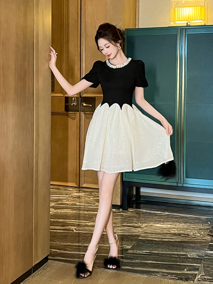 leona black-white Two-Tone rhinestone neck sequin mini Dress
