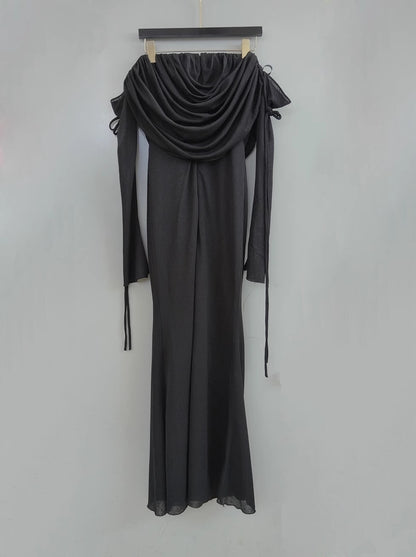 lila flower embellished pleated strapless maxi dress in black