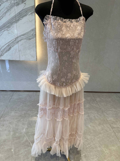 hermosa Lace splicing layer maxi dress in pink